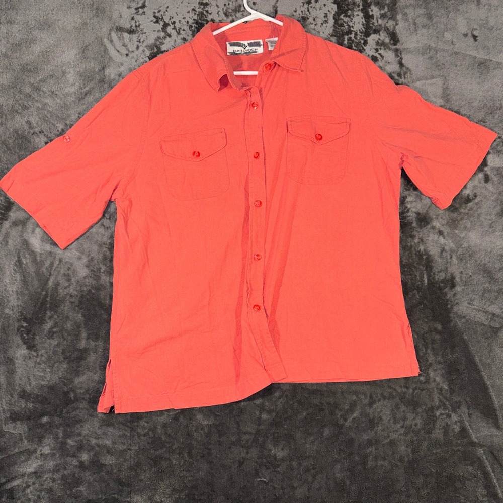 Erin London Womens Large Coral Pink 100% Raw Silk Short Sleeve Button Up Shirt